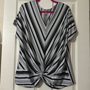 Black and White Striped V Neck Blouse